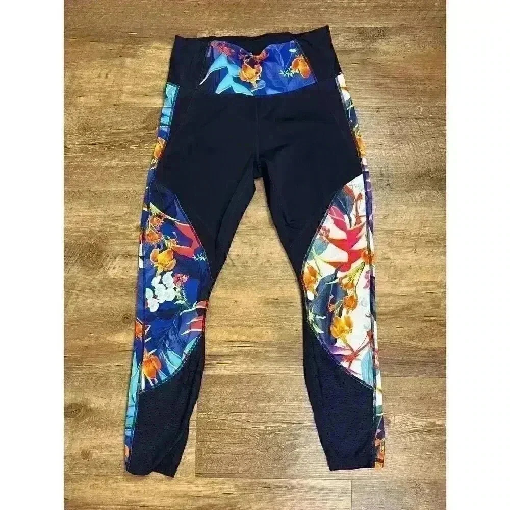 Athleta Tropical High Rise Floral Print Hawaiian Navy Blue Women's M Mesh Detail